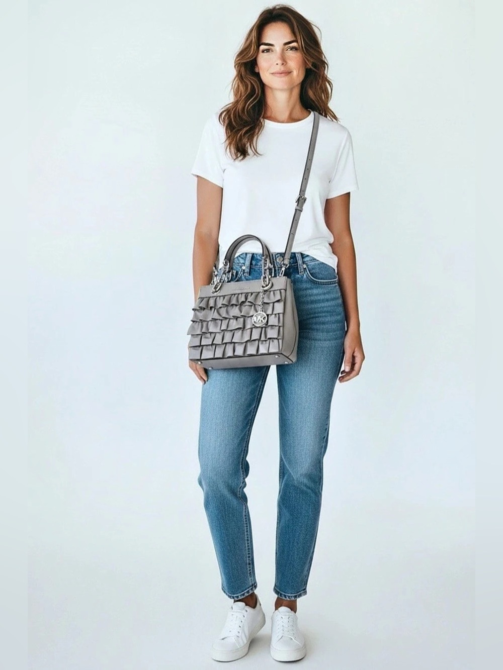 Michael Kors Cynthia Small Ruffled Leather Satchel Gray Silver-Tone Hardware